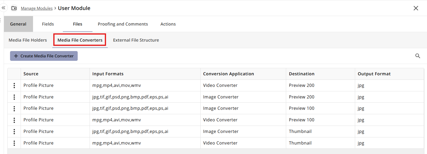 Media File Converters settings